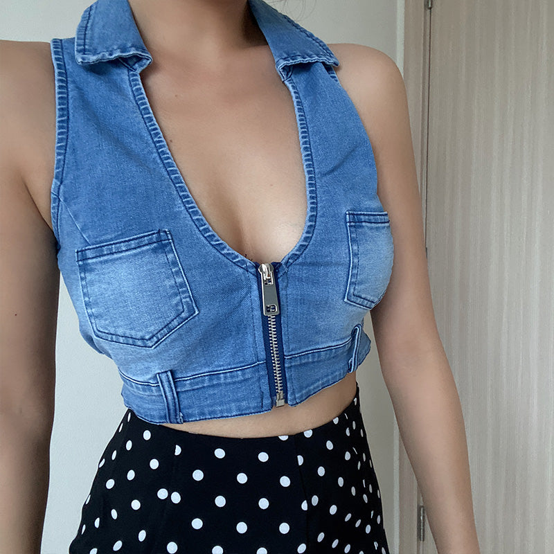 Top sin mangas con cremallera y bolsillo desgastado vintage con cuello en V profundo