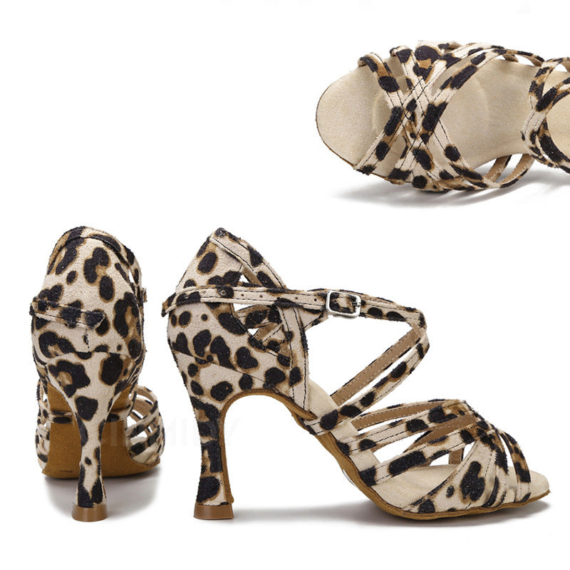 Zapatos de baile latino con estampado de leopardo para mujer, tacón de aguja, suela suave