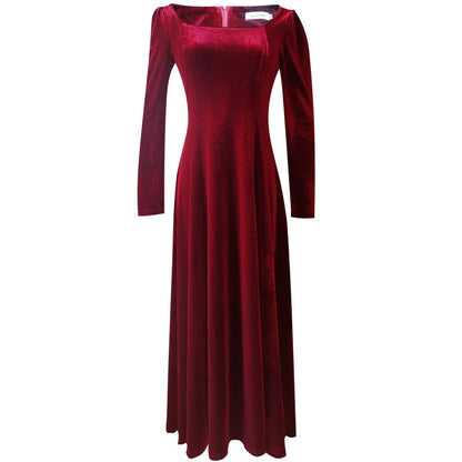 Robe à manches longues en velours pour femmes, tempérament élégant, col carré, haut de gamme, coupe cintrée