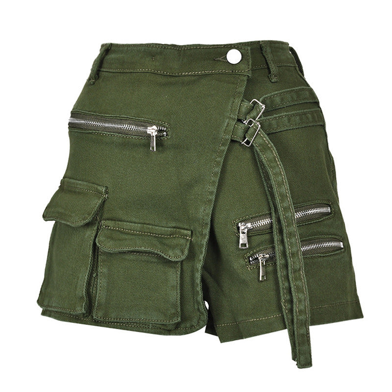 Ropa de trabajo Pantalones cortos de mezclilla Pantalones calientes decorativos con trabilla para cinturón verde