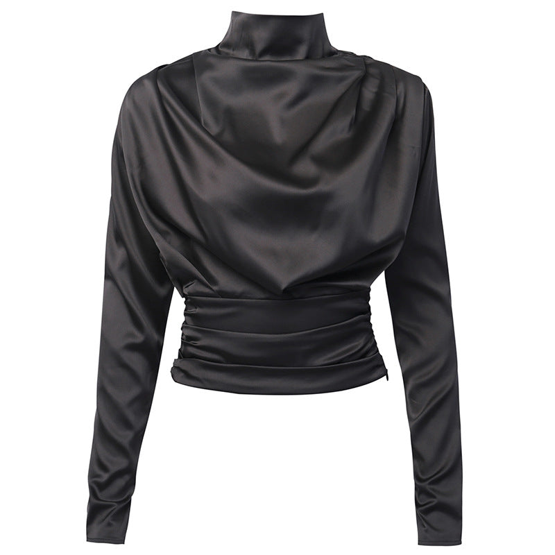 Turtleneck draped black office ladies shirt