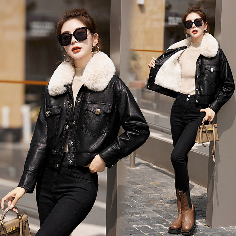 Women's Fleece-lined Coat Thickened Biker's Leather Jacket