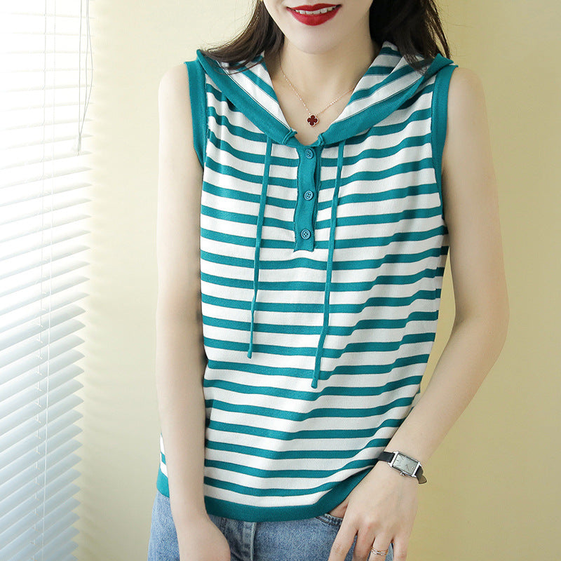 Striped Sleeveless Hooded Vest Women's Hooded Mercerized Cotton Short Sleeves