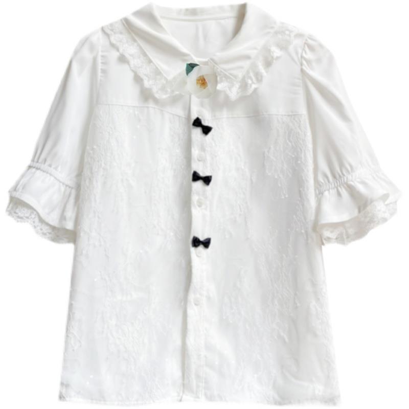 Camisa blanca con cuello de muñeca de encaje dulce, top con diseño de nicho