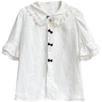 Camisa blanca con cuello de muñeca de encaje dulce, top con diseño de nicho