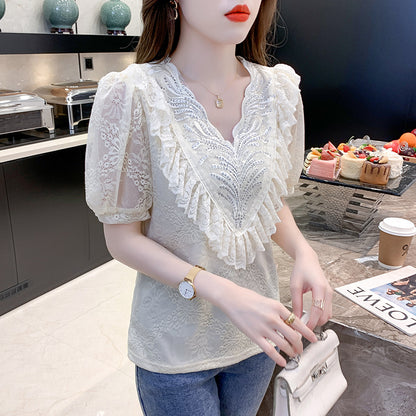 Sweet And Age-reducing Lace Chiffon Shirt Top