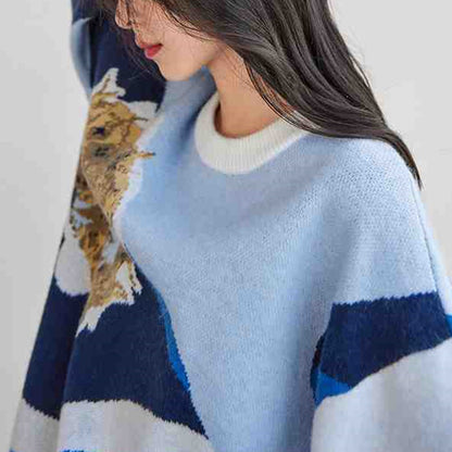 Pull tricoté Jacquard à manches longues et col rond pour femme, ample, coupe ajustée, assorti avec tout