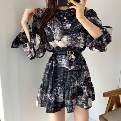 Elegant Temperament Ink Printing Design Round Neck Slim High Waist Lantern Sleeves Ruffled Dress