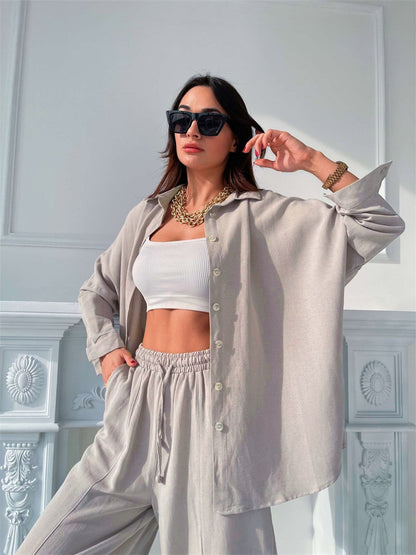 New Europe And America Cross Border Casual Suit Solid Color Polo Collar Long Sleeve Shirt Top Harem Pants Two-piece Set