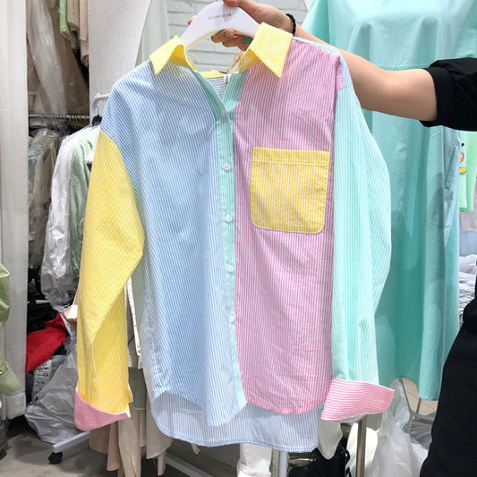 Chemise à manches longues rayée avec coutures de couleur contrastée pour femmes