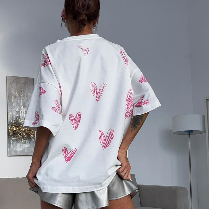 Heart Shape Printed Ripped Washed Short-sleeved T-shirt