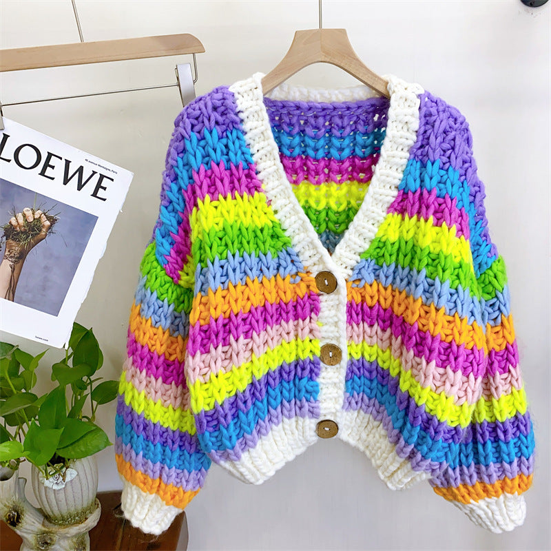 Cardigan pull arc-en-ciel tissé à la main pour femme