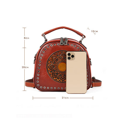 Retro Original First Layer Cowhide Round Hole Totem Shoulder Bag