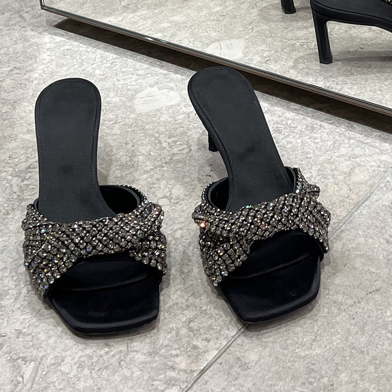 Sandalias de tacón de aguja con punta abierta y lazo de diamantes de imitación, sandalias de estilo romano sexis a la moda que combinan con todo