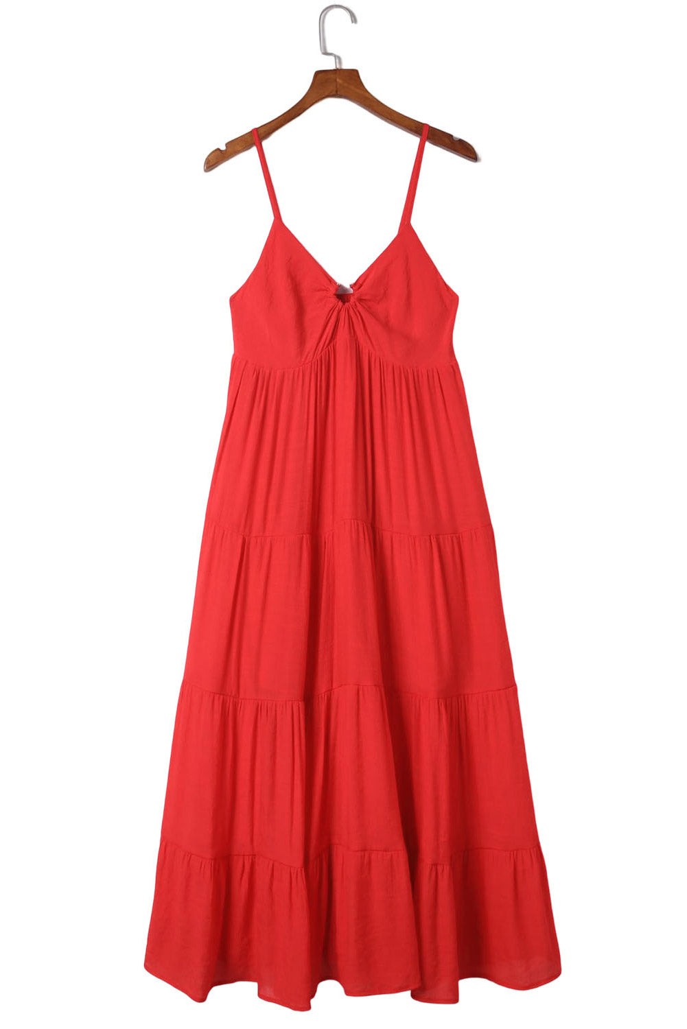 Red O-ring Smocked Back Spaghetti Straps Tiered Maxi Dress