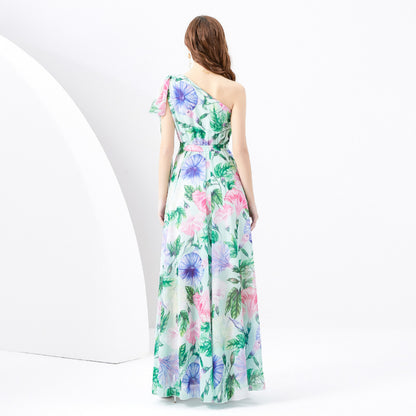 Vacation Style One-shoulder Sleeveless Ribbon Long Wide Swing Printed Dress