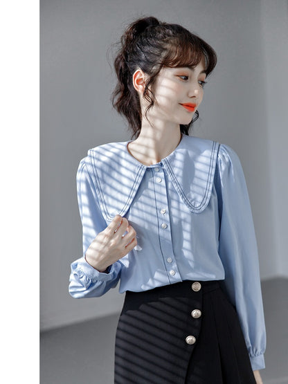 Doll Collar Blue Shirt Women's Long Sleeve Design Sense