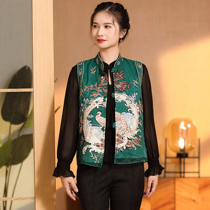 Ruyi Yarn Flower And Bird Embroidered Sleeveless Tang Suit