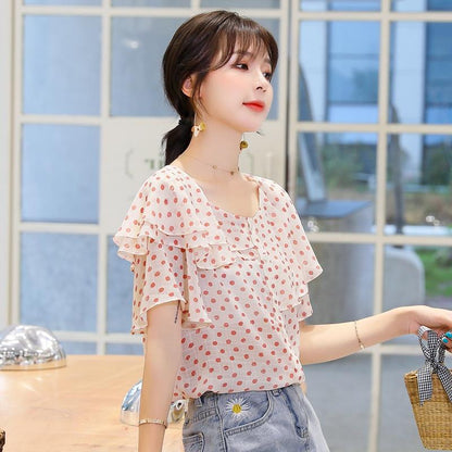 Niche Summer Retro Ruffled Short Sleeved Chiffon Shirt Polka Dot Top