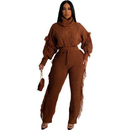 Casual Solid Color Knitted Long Sleeve Turtleneck Tassel Suit