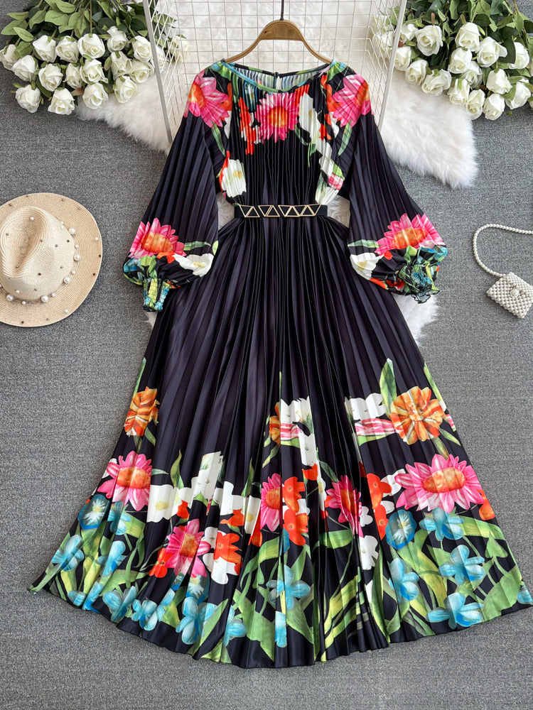 Printed Waist-controlled Lace-up Lady Dress