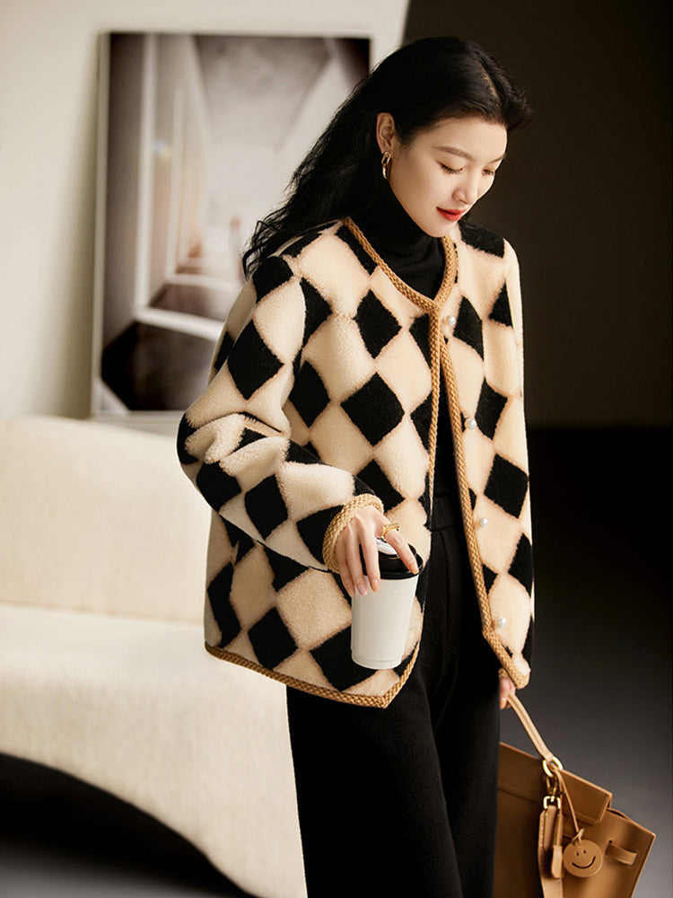 Chessboard Plaid Full Wool Sheepskin Fur Women's Winter