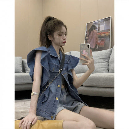 Fashion Denim Vest Jacket For Women's Retro