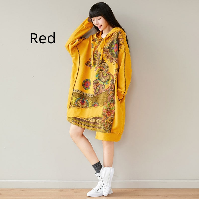 Women's Retro Artistic Hooded Mid-length Sweater Dress