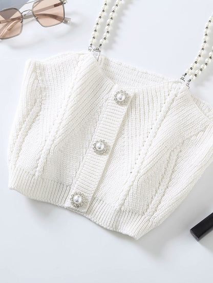 Short Knitted Suspenders All Match Slim Pearl Strap Vest Top