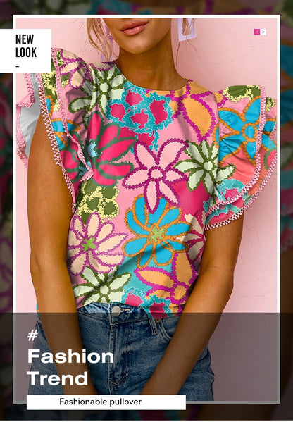 Jersey de manga con volantes Estilo informal Top de manga corta con estampado floral