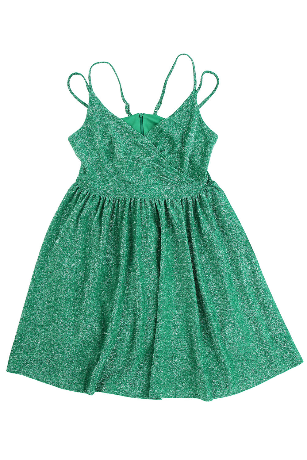 Vestido skater verde metálico brillante con tirantes dobles