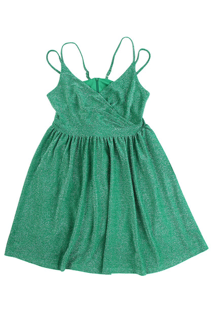 Vestido skater verde metálico brillante con tirantes dobles