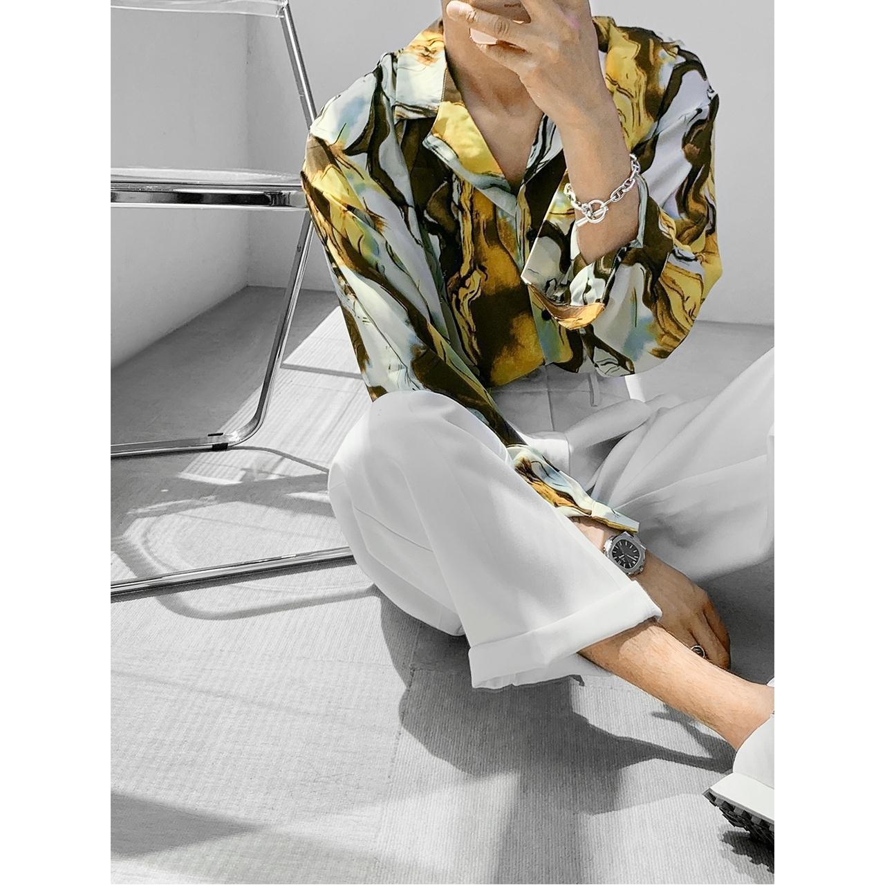 Handsome Long Sleeve Trendy Man Retro Hong Kong Flavor Loose Printed Floral