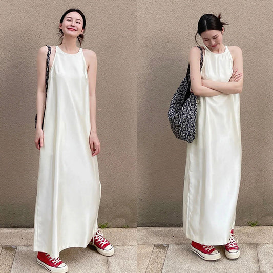 Acetate Simple Solid Color Niche Sleeveless Long Jumper Dress