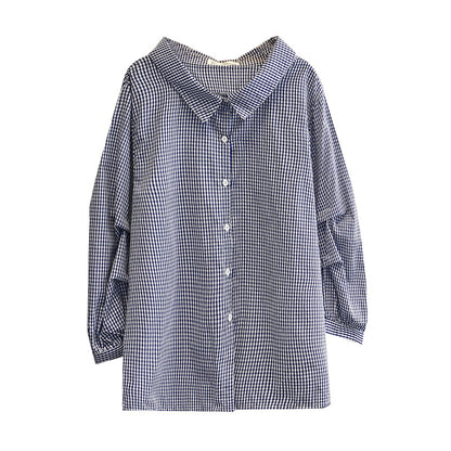 Lantern Three-quarter Sleeve Plaid Shirt Top