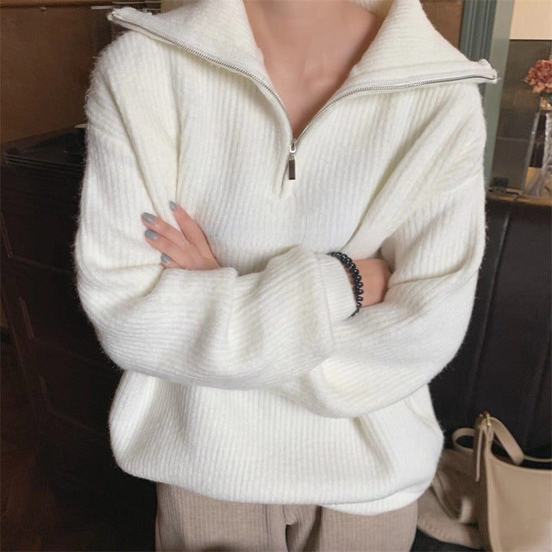 Korean Style Zipper Half-open Collar Lazy Sweater Women