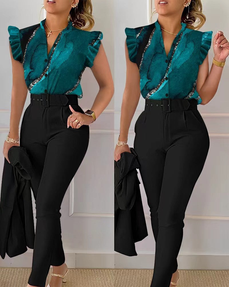 Printed Ruffle Sleeve Top Solid Color Pants Suit With Belt