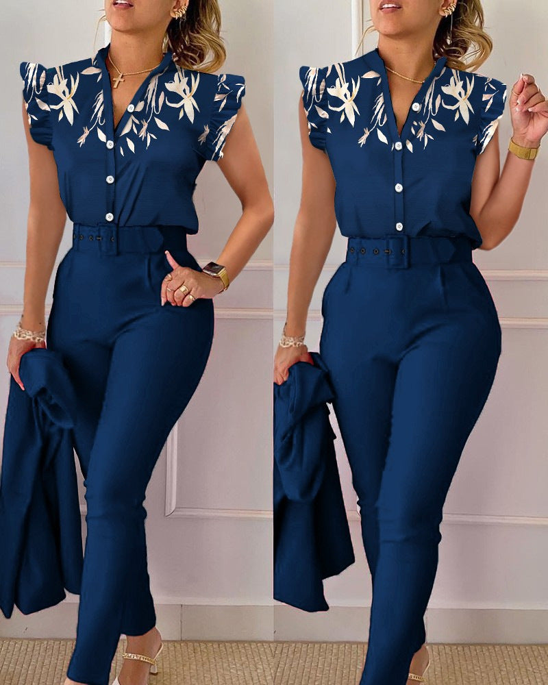 Printed Ruffle Sleeve Top Solid Color Pants Suit With Belt