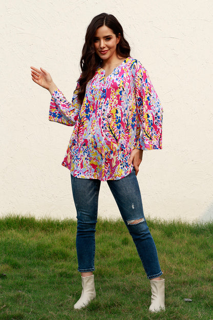 Plus Size Printed Notched Long Sleeve Blouse