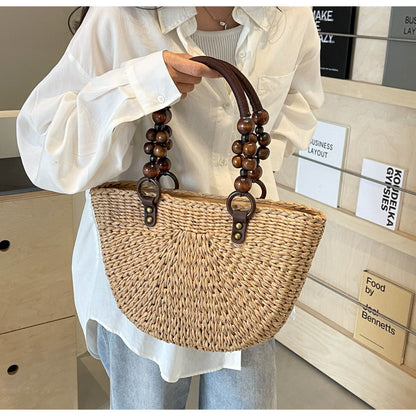 Bolso de mujer trenzado, bolso de mano para vacaciones en la playa, gran capacidad, informal, semicircular