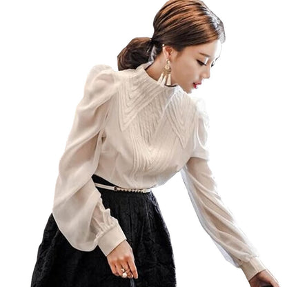 Stand-up collar puff sleeve white shirt