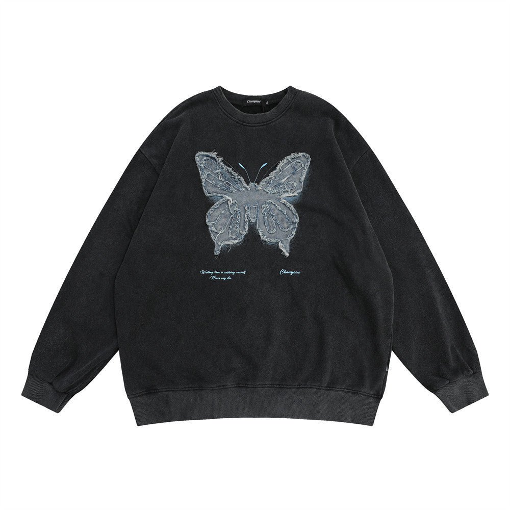 Denim Butterfly Patch Round Neck Sweater Autumn Loose Street