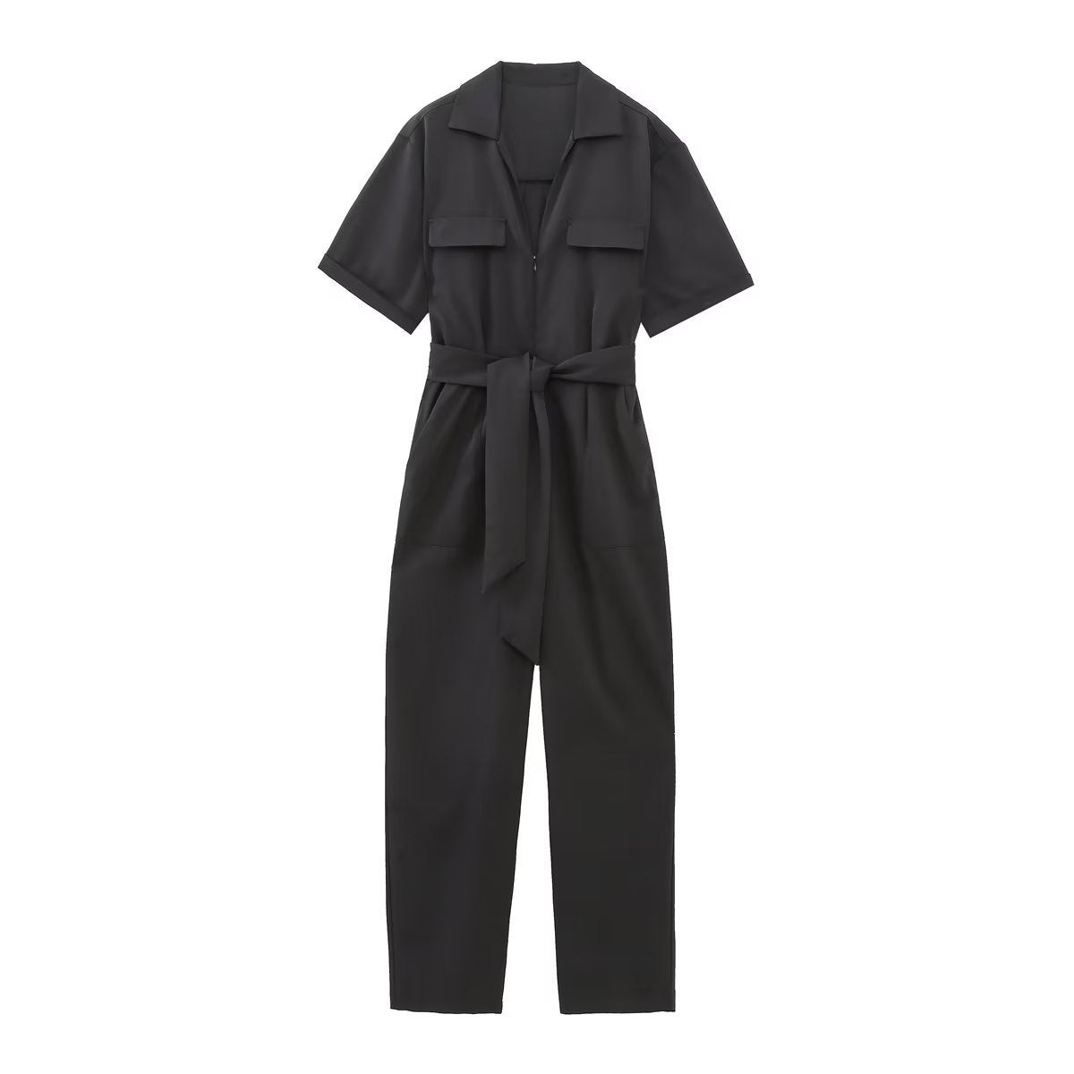 Spring New Women's Clothing With Belt Zipper And Lapel Short-sleeved Jumpsuit