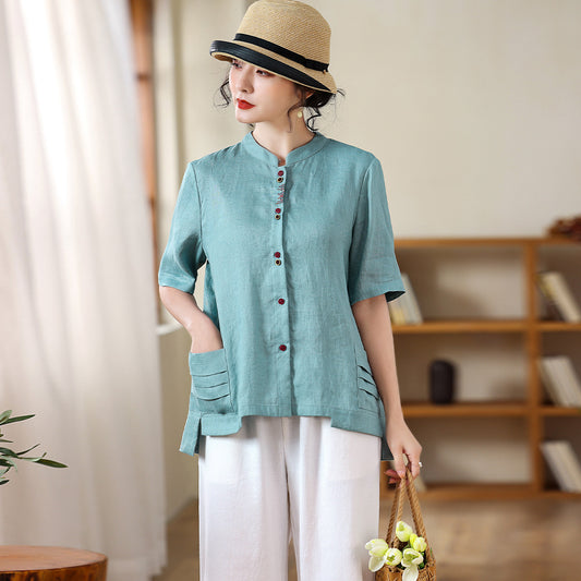 Ladies Vintage Stand Collar Linen Shirt