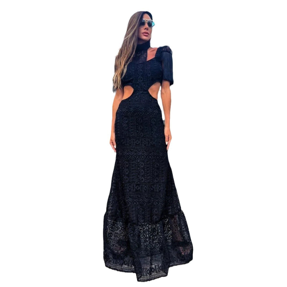 Black Cut-out Midriff Outfit Lace-up Tassel Women's Dress