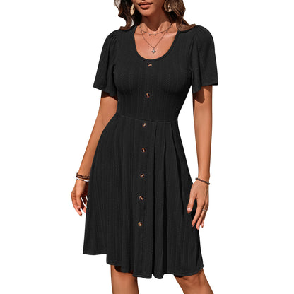 Robe d'été à manches courtes et col en U pour femmes, tenue de vacances décontractée, couleur unie, avec boutons, Design à la mode