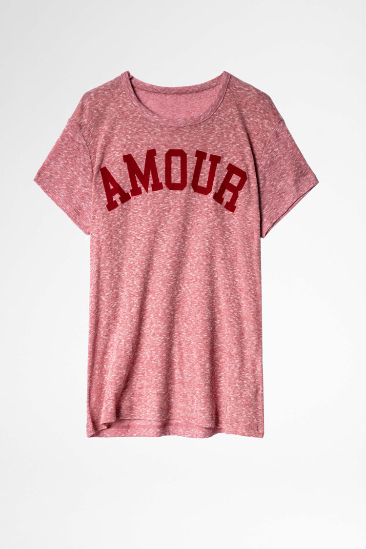 Letters AMOUR Flocked Print Floral Crew Neck Short Sleeves