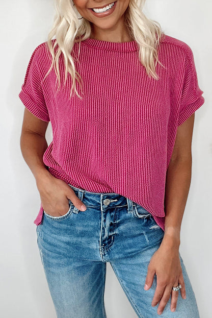 Rose Red Textured Knit Exposed Stitching T-shirt