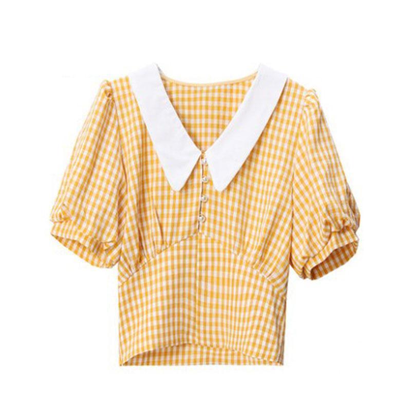 Plaid Puff Sleeve Shirt Women's Retro Style Short Top