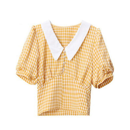 Camisa de manga abullonada a cuadros Top corto estilo retro para mujer